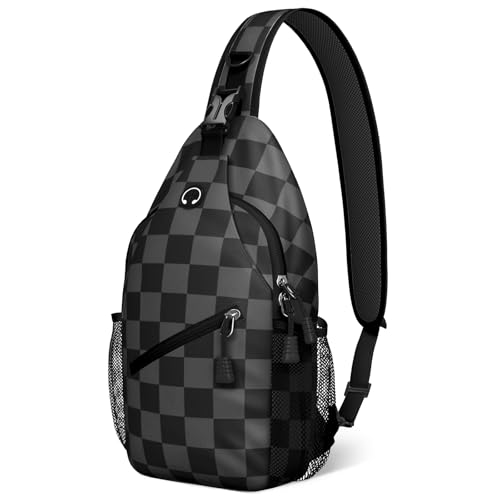 xspgrnm Gray Black Checkered Sling Bag Crossbody Chest Bag for Women Men,Water Resistant Lightweight Casual Crossbody Bag with Adjustable Strap, Travel Hiking Daypack Shoulder Backpack