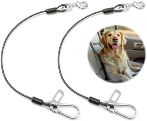 Dog Seat Belt for Car, 2pcs Dog Car Harness of Coated Wire Leash, Double Clip Dog Seatbelt Safety Restraint, Chew Proof Dog Tether Cable for Car, 24inch, Black