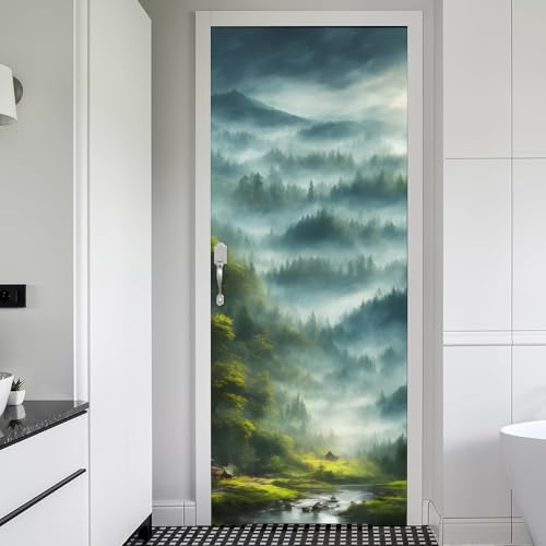 REDAMANCY River Mountain Forest Green Landscape Nature Peel and Stick Door Stickers Vinyl Decals Decor Modern Self-Adhesive, Waterproof, Removable