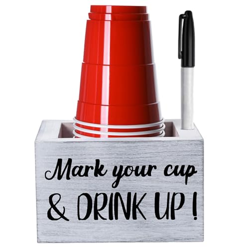 Disposable Cup Holder with Marker Slot Mark Your Cup and Drink Up Dispenser Wooden Cup Organizer Farmhouse Rustic Bar Wedding Party Housewarming Decor Hostess Bridal Couples Gift