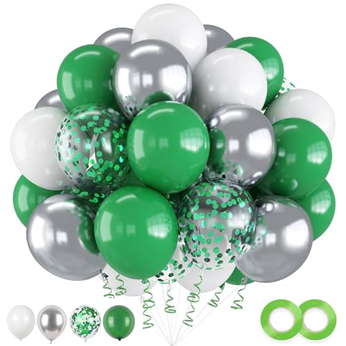 Green and White Balloons, 60 PCS Silver With Confetti Metallic, 12 Inch Emerald Dark Forest Green for Kids Birthday Party Decorations by Jobkoo - Used condition - US$5.62