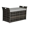 Patiomore 90 Gallon Outdoor Wicker Storage Bench with Cushion, Patio PE Rattan Deck Box with Handles (Gray), Grey