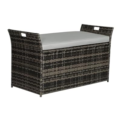 Patiomore 90 Gallon Outdoor Wicker Storage Bench with Cushion, Patio PE Rattan Deck Box with Handles (Gray), Grey