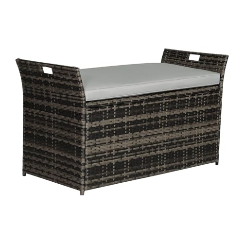 Patiomore 90 Gallon Outdoor Wicker Storage Bench with Cushion Patio PE Rattan Deck Box with Handles (Gray) Grey