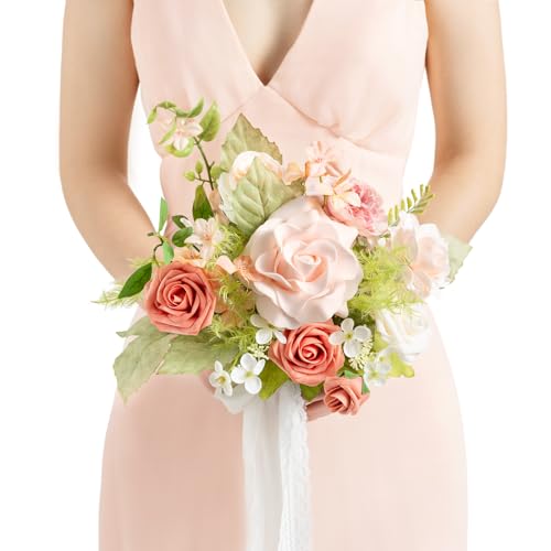 Ling's moment Pink Artificial Wedding Flower Bouquets for Bridesmaids Blush