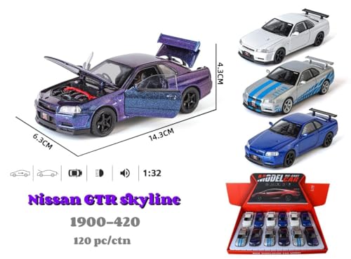 Image of WORSHIPER 1:32 Nissan GTR Skyline Toy Car Diecast Metal Pullback Toy car with Openable 4Doors, Light Music Best Gift for Little Kids