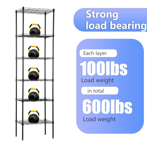 Image of BestOffice | 6-Tier Wire Storage Shelves | 17x12x64 | Black | with Adjustable Racks | Heavy-Duty Metal Shelf, Holds Upto 600 lbs | No-Tool Assembly | Ideal for Home & Garage Shelving