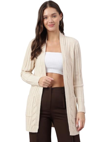 Image of Latin Quarters Women Beige Full Sleeve Casual Solid Shrug