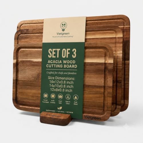 Acacia Wood Cutting Board Set of 3 with Stand (16"x12", 14"x10", 12"x8"), Edge Grain Charcuterie & Serving Boards with Juice Grooves & Handles