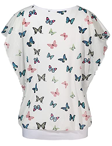 BAISHENGGT Women's Summer Floral Flutter Short Sleeve Mesh Blouse Top Large White Printed