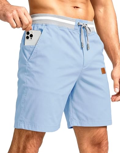 PrimeCrest Męskie Szorty Bawełniane Codzienne Bermudy Letnie Szorty Chino Kieszeniami Wypoczynkowe Eleganckie lekkie Elastyczna Talia Do Kolan Smukły Krój Ze Wygodne Dżinsowy niebieski M