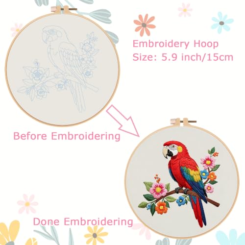 Image of Nuberlic Parrot Embroidery Kit for Beginners, Animal Cross Stitch Kit | Includes Printed Fabric, Hoop, Threads, Needles And Guide; Colorful Parrot Design For DIY Wall Decor, Gifts And Relaxing Art
