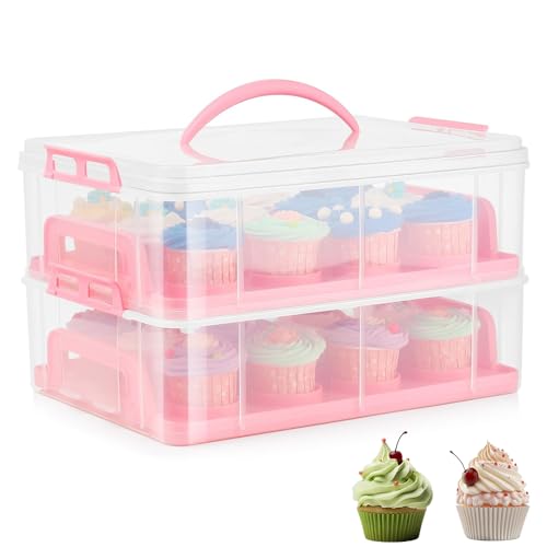 MUSONG 2-Tier Pink Cake Carrier, Cupcake Carrier 24 Count with Handle, Airtight Plastic Cupcake & Dessert Storage Holder with Removable Trays (35.5 × 25.5 × 21 cm)