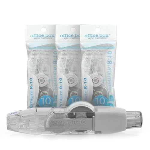 office box Corrector en Cinta Premium R10 Recargable – 10 m x 4,2 mm – Retráctil, Escritura Inmediata, Invisible en Fotocopias – Value Pack 1 Corrector + 3 Recambios = 40 m de cinta. (Pack 3+ Blanco)