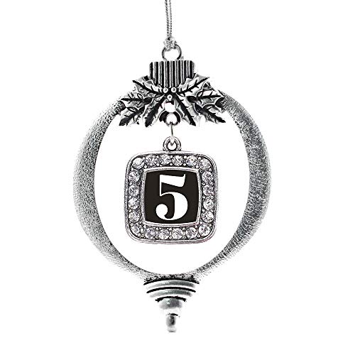Inspired Silver - Sport Number 5 - Silver Christmas Ornament - Square Charm Christmas Tree Ornament with Cubic Zirconia - Holiday Hanging Decoration