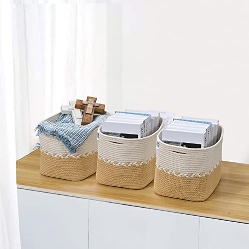 Rithlela 3 Pack Woven Baskets Cotton Rope Cube Storage Baskets For Organizing Modern Decorative Room Storage Bins Shelf Baskets For Makeup, Books, Towels Yellow & White 15"X10"X9" Design #TOP5