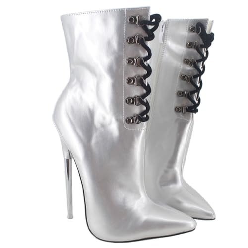 MXPMAMDD High Heels 18cm Silver Metallic Heels Pointed Toe Short