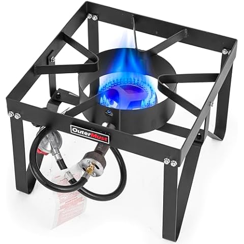 OuterMust Single Propane Burner Heavy Duty Gas Stove for Outdoor Cooking with 10 PSI Regulator and Cast Iron Braided Holes, Propane Burner Head for Camping, Home Brewing, Turkey Fryer Cover