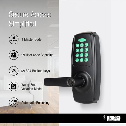 BRINKS ANSI Grade 2 Keypad Door Lock with Handle for Commercial & Residential Use, Keyless Entry Door Lock, 99 User Codes, Auto-Relock, Battery with Backup Keyway by BRINKS - Image 5