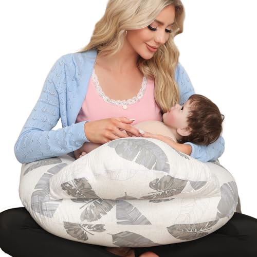 Image of Nursing Pillow for Breastfeeding, Breastfeeding Essentials for Newborn, More Support for Mom and Baby, with Adjustable Waist Strap and Removable Cotton Cover (Black Leaves)