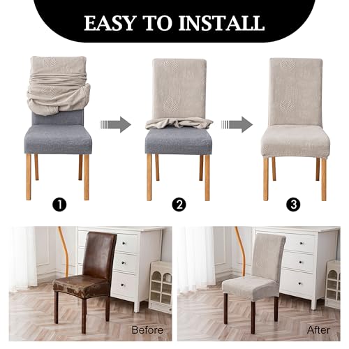 Image of Genina Waterproof Dining Chair Cover Set of 4,Kitchen Chair Cover,Warm Grey | Stretch Dining Room Chair Slipcovers with Leaf Jacquard,Removable Kitchen Chair Protector for Home,Restaurant,Banquet