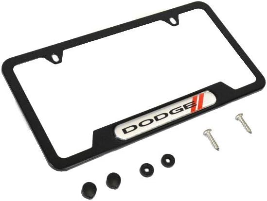 Mopar 82214767 License Plate Frame License Plate Frame, Stainless Steel painted Satin Black, Dodge logo, top two attachment holes have Stainless Steel screws with Chrome covers