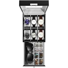 Uten 6-Slot Watch Box, 2-Layers PU Leather Watch Case with Glass Lid, Watch Holder Organizer with Soft Pillow and Velvet Lining, Watch and Jewelry Storage Box