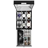 Uten Scatola Porta Orologi a 6 Scomparti, 2 Livelli PU Porta Orologi, Serratura a Chiav, Coperchio in Vetro, Fodera in Velluto Grigio, Idea Regalo, Catola Portagioielli per Orologi Uomo e Donna