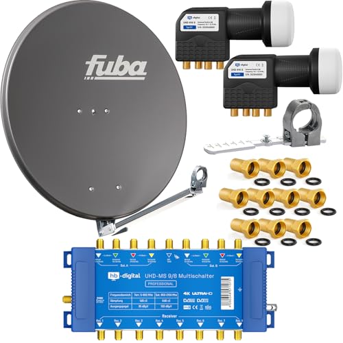 HB-DIGITAL - Sistema de satélite Profesional: Antena parabólica Fuba de 80 cm DAL 800, Reflector de Aluminio, multiconmutador para 2 satélites (Multiswitch), 2 UHD Quattro LNB y Conector F Dorado