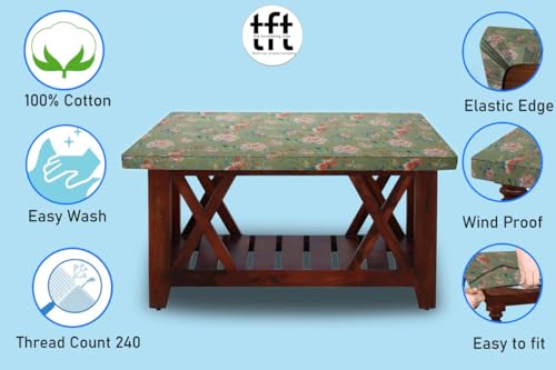 Image of The Furnishing Tree Elastic Cotton Rectangular Center Table Cover 18x48 in Inches Floral Multicolor on Greenish Base