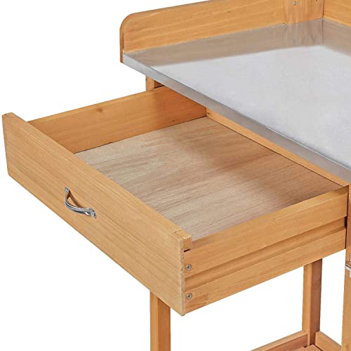 Topeakmart Outdoor Potting Bench Table Work Station Garden Planting With Cabinet & Drawer & Top Shelf & Lower Shelf Natural Wood #TOP6