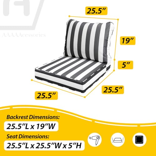 Image of AAAAAcessories Outdoor Seat Cushions for Chairs, Fade-Resistant, Waterproof Patio Furniture Replacement Cushions, 25.5 inch x 25.5 inch x 5 inch + 25.5 inch x 19 inch, Gray Cabana Stripe