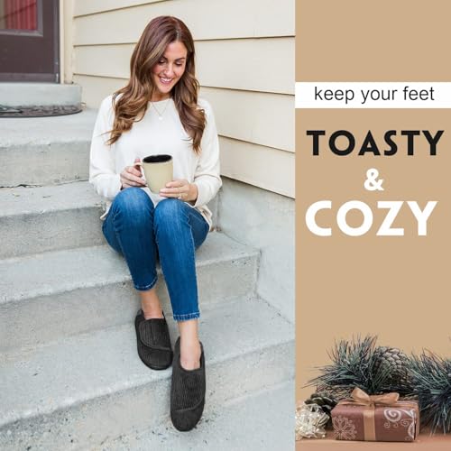 LongBay Women's Furry Memory Foam Diabetic Slippers Comfy Cozy Arthritis Edema House Shoes (8 B(M), Black) - Thumbnail 2
