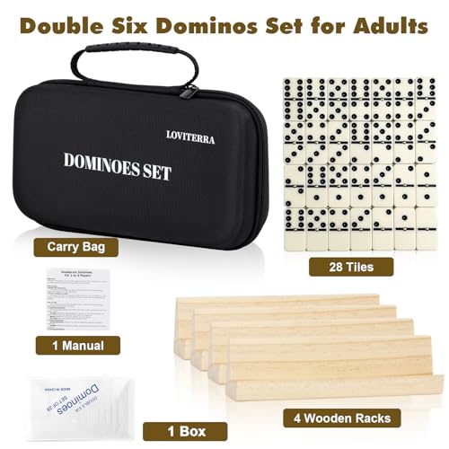 LOVITERRA Double 6 Dominos Set für Erwachsene, langlebige 28 Spielsteine mit 4 Holzständern und Tragetasche, klassische Brettspiele, tragbares Reisespiel