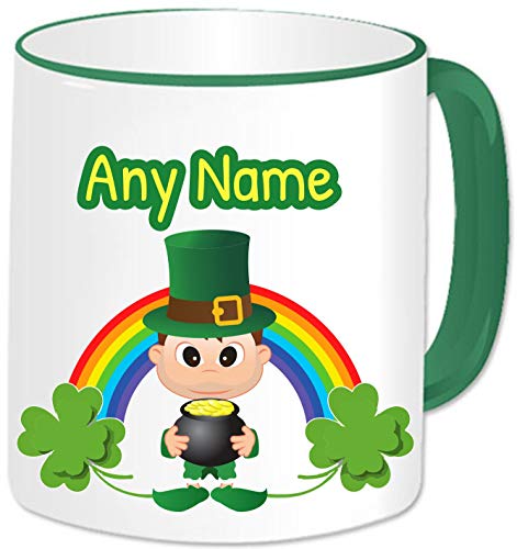 GOPERSONALISED St Patricks Day Irish Gifts - Personalised Leprechaun Mug Ceramic Name Cup - Rainbow Lucky Shamrock Ireland Good Luck Gifts Idea for Men Boys (Brown Hair Male/Green Mug)