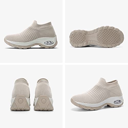 HKR Womens Walking Shoes Slip On Shoes Lightweight Platform Comfortable Sock Sneakers Light Taupe Size 8.5