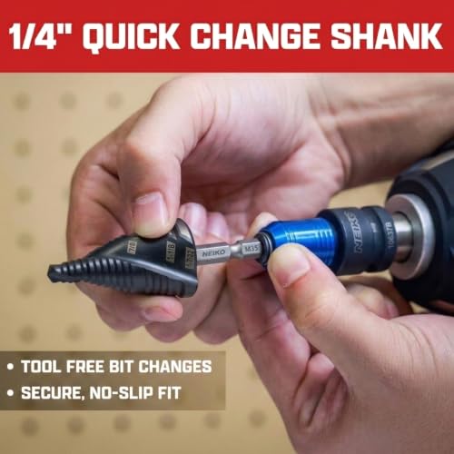 Image of NEIKO 10637B Step Drill Bit, 3 Steps 7 /8 inch to 1-7 /32 inch Spiral M35 Cobalt, AlTiSiN Coated, 1 /4 inch Quick Change Step Bits for Steel, Metal, Wood, Plastic, Unibit Cone Drill Bits, Two Flute