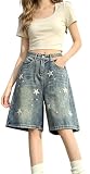 Y2K Baggy Denim Shorts Women High Waisted Wide Leg Jean Shorts Vintage Washed Knee Length Loose Streetwear (Medium,Blue1)