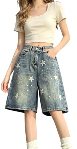Y2K Baggy Denim Shorts Women High Waisted Wide Leg Jean Shorts Vintage Washed Knee Length Loose Streetwear (Medium,Blue1)