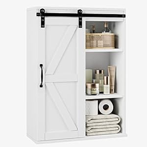 HOSTACK Bathroom Cabinet Wall Mounted Farmhouse Medicine Cabinet with Sliding Barn Door Adjustable Shelf Over The Toilet Storage Cabinet for Bathroom Laundry Room Kitchen White