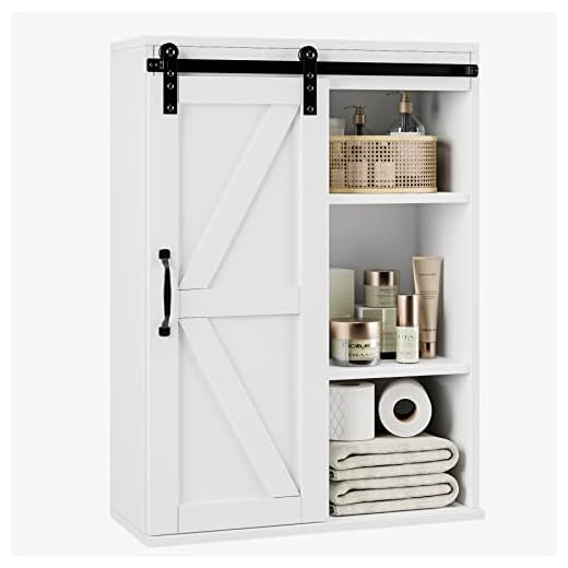 HOSTACK Wall Mounted Storage Cabinet, Farmhouse Medicine Cabinet with Sliding Barn Door and Adjustable Shelf, Wood Vintage Cabinet for Bathroom, Kitchen, Living Room, White