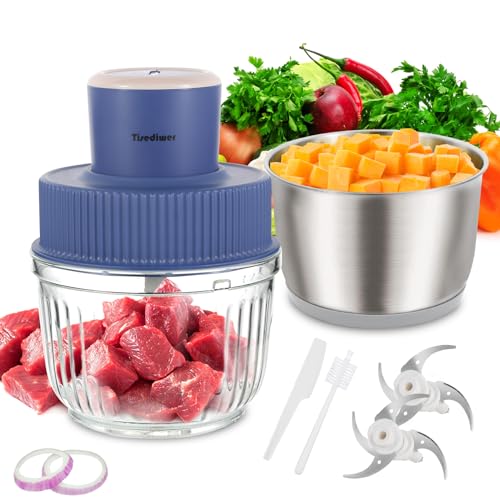 Tisediwer Food Processors with 2 Bowls, 400W Meat Grinder, Food Chopper Electric, 2 Speed, 8Cup Glass and 8Cup 304 Stainless Steel