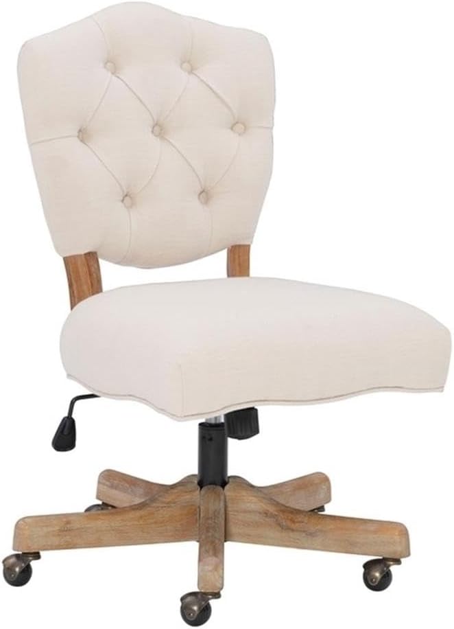 Pemberly Row Wood Swivel Office Chair, Adjustable Height, Grey Wash Base, Beige Tufted Polyester Upholstery with Cushion, Antique Brass Casters, 25.25" W x 25" D x 35.75-39.75" H, Contemporary Home