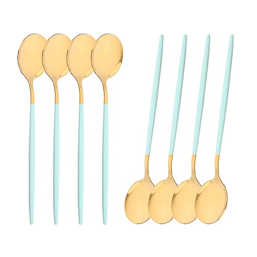 Snplowum 8-Piece Mint Green Gold Dinner Spoon, 8.26 Inch Party Spoons Set, Stainless Steel Spoon Soup Dinner Tablespoons, Mirror Polish