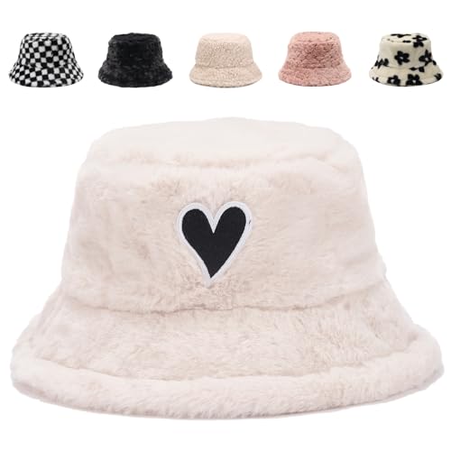 Image of Bucket Hat Women Furry Fuzzy Bucket Hats for Ladies, Winter Warm Fluffy Plush Faux Fur Hat for Women
