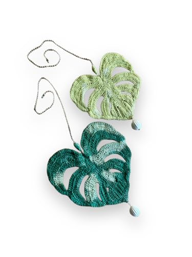 Handmade crochet cealing fan pull chain, monstera thai con light pull, unique pendant extension for cealing lights, original design houseplant pendant, set of two, 12 inches ball chain