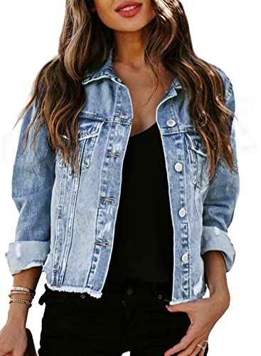 Sidefeel Women's Denim Jacket Long Sleeve Button Distressed Ripped Zimbaplatinum Jean Coat