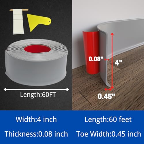 COUKIU Flexible Baseboard Molding Trim, 6 Inch x 60 Feet Self-Adhesive Vinyl Wall Base Cove Base, Peel and Stick Rubber Wall Base Moulding Trim(S152, Gray) by COUKIU - Image 2