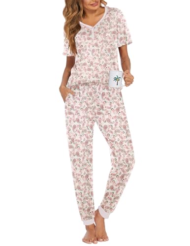 Image of Ekouaer Pajamas for Women Set 2 Piece Fall Lounge Sets Short Sleeve Pjs Joggers Long Pants Sleepwear with Pockets