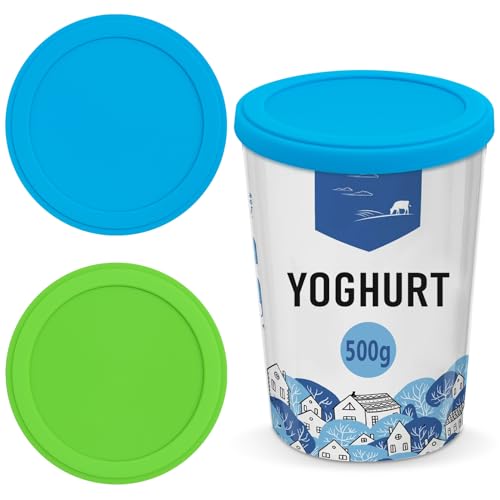 2 Stück JoghurtDeckel 500g,Caianwin Wiederverwendbarer Deckel für Joghurtbecher,Joghurtbecher Deckel,Becher Deckel,Silikondeckel Joghurtbecher für Fast Alle 150g-500g Becher